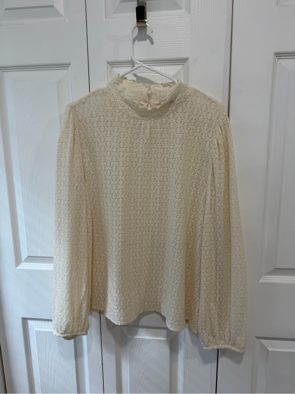 LOFT Cream Lace-Texture Mock Neck Blouse